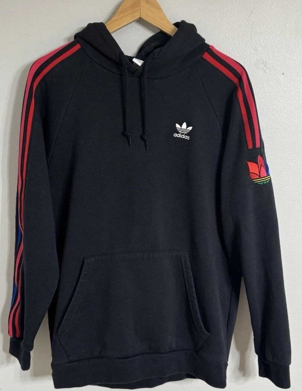 Adidas Originals Hoodie Mens Medium Black Red 3D Trefoil 3-Stripe Sweatshirt